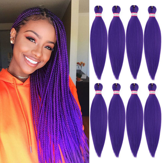 Picture of Purple Braiding Hair Pre Stretched 20 Inch 8 Packs Braiding Hair Extensions for Crochet Box Braids Twists Locs Hair Itch Free Soft Yaki Texture Hot Water Setting (20inch,#Purple)