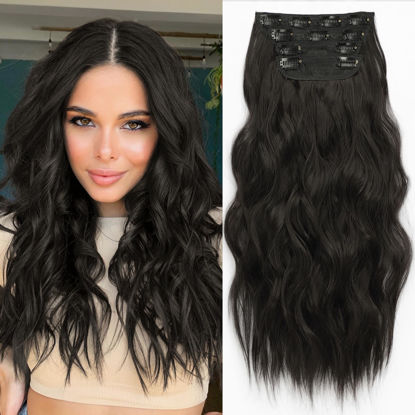 Picture of KooKaStyle Clip in Synthetic Hair Extensions Long Wavy 4PCS Thick Hairpieces Brunette Brown Fiber Double Weft Natural Hair Extensions 16 Inch for Women
