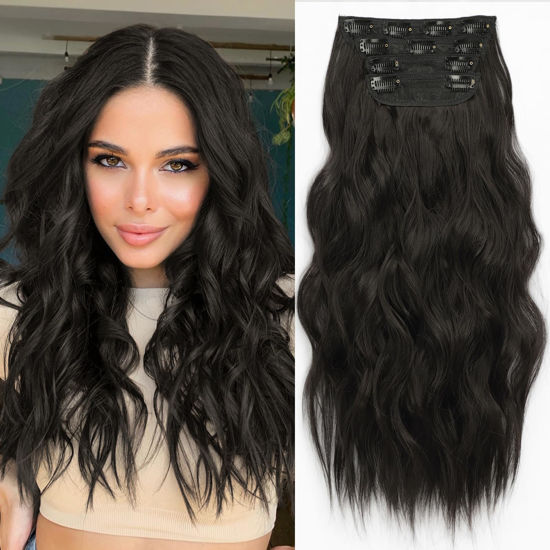 Picture of KooKaStyle Clip in Synthetic Hair Extensions Long Wavy 4PCS Thick Hairpieces Brunette Brown Fiber Double Weft Natural Hair Extensions 16 Inch for Women