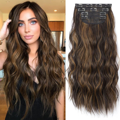 Picture of KooKaStyle Clip in Synthetic Hair Extensions Long Wavy 4PCS Thick Hairpieces Balayage Dark Brown to Chestnut Fiber Double Weft Natural Hair Extensions 16 Inch for Women