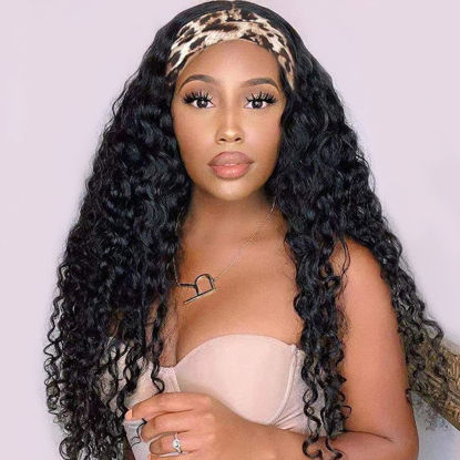 Picture of Headband Wig Human Hair Brazilian Deep Wave Headband Human Hair Wigs for Black Women 30 inch Glueless Non Lace Front Wig Machine Made Wigs Curly Headband Wig Deep Wave 150% Density Natural Color