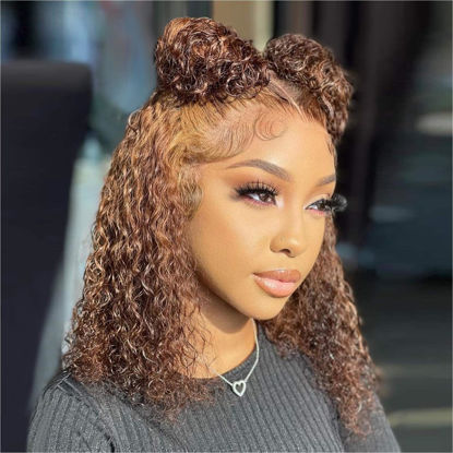 Picture of HIRIREMY Ombre Highlight Deep Wave Curly Bob Wigs Human Hair Pre Plucked Wear And Go Glueless 13x4 Hd Honey Blonde Highlight Lace Front Wig Human Hair For Black Women Wet And Wavy 4/27 14 Inch