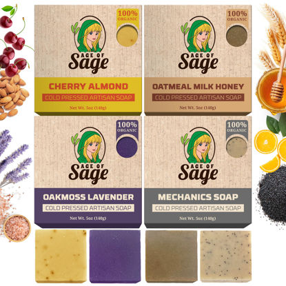 Picture of Age of Sage Moisturizing Cold Process Artisan Natural Bar Soap Gift Set for Women - 4pk Honey & Him Scent: Cherry Almond, Oatmeal Milk Honey, Oakmoss Lavender, & Mechanics Soap
