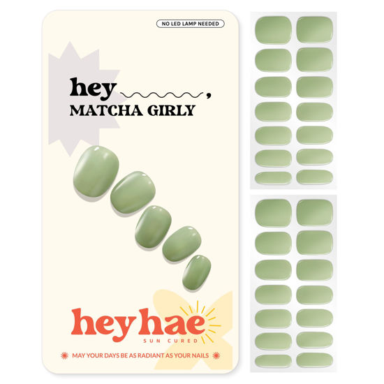 Picture of Heyhae Semi Cured Gel Nail Strips | Sun Cured Gel Nail Wraps No LED Lamp Needed Easy Apply & Remove | Includes 28 strips, 1 Prep Pad, 1 Nail File & 1 Wooden Stick - Hey, Matcha Girly