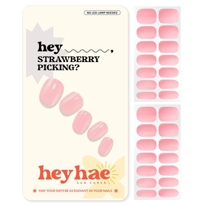 Picture of Heyhae Semi Cured Gel Nail Strips | Sun Cured Gel Nail Wraps No LED Lamp Needed Easy Apply & Remove | Includes 28 strips, 1 Prep Pad, 1 Nail File & 1 Wooden Stick - Hey, Strawberry Picking?