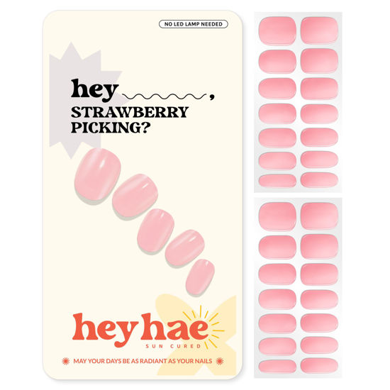 Picture of Heyhae Semi Cured Gel Nail Strips | Sun Cured Gel Nail Wraps No LED Lamp Needed Easy Apply & Remove | Includes 28 strips, 1 Prep Pad, 1 Nail File & 1 Wooden Stick - Hey, Strawberry Picking?