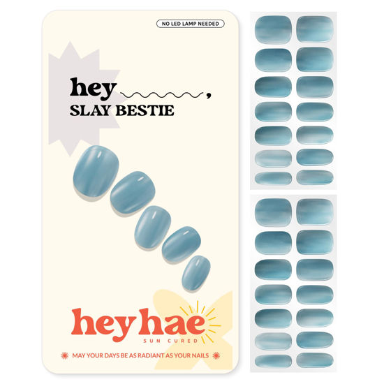 Picture of Heyhae Semi Cured Gel Nail Strips | Sun Cured Gel Nail Wraps No LED Lamp Needed Easy Apply & Remove | Includes 28 strips, 1 Prep Pad, 1 Nail File & 1 Wooden Stick - Hey, Slay Bestie