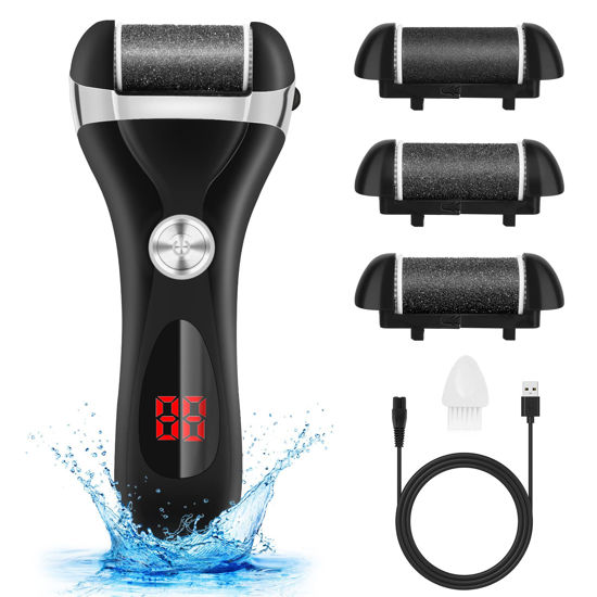 Picture of Electric Foot Callus Remover Kit, Elmchee Rechargeable Pedicure Tools Foot Care Feet File with 3 Roller Heads,2 Speed,Battery Display for Remove Cracked Heels Calluses and Dead Skin(Black)