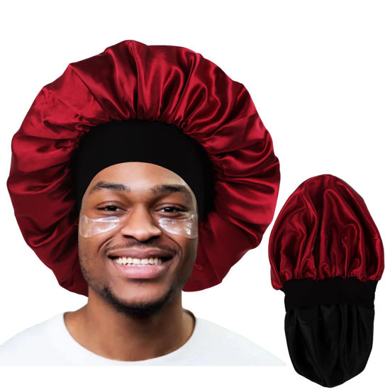 Picture of Bonnet for Men,Hair Bonnet for Sleeping,Double Layer Satin Bonnets for Black Women Curly Hair Braids,Reversible Sleep Cap (Large,Black/Burgundy)