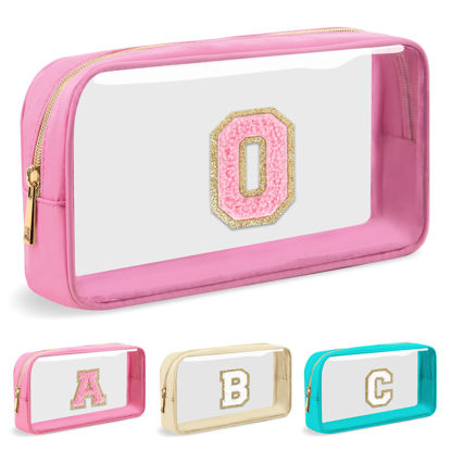 Picture of Personalized Initial Letter Clear Makeup Bag,Preppy Small Nylon&PVC Cosmetic Zipper Bag with Chenille Letter,Portable Beach Travel Skincare Toiletry Bag,Trendy Monogram Gift for Teen Girls Women,O