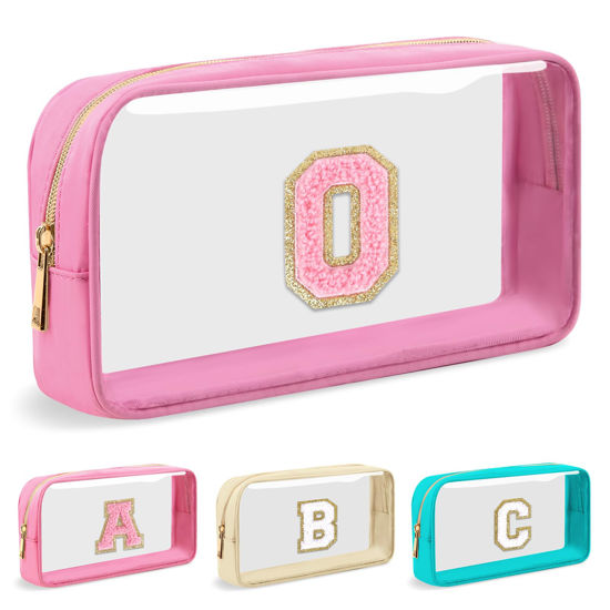 Picture of Personalized Initial Letter Clear Makeup Bag,Preppy Small Nylon&PVC Cosmetic Zipper Bag with Chenille Letter,Portable Beach Travel Skincare Toiletry Bag,Trendy Monogram Gift for Teen Girls Women,O