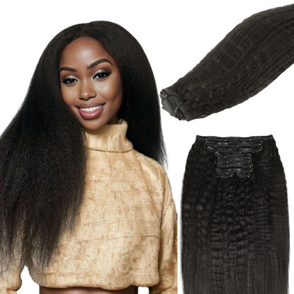 Picture of Lashey Clip in Hair Extensions Kinky Straight Seamless Hair Extensions Clip in for Women 9pcs 130g Natural Black Real Human Hair with Ultra PU weft 16 Inch