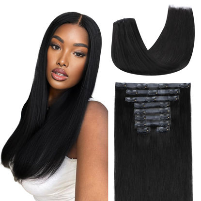 Picture of Lashey Seamless Clip in Hair Extensions Human Hair 130g 9pcs #1 Jet Black 14 Inch Straight Clip in Hair Extensions for Women Hair Extensions with PU Soft Invisi Edge
