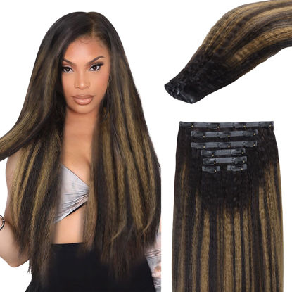 Picture of Lashey Seamless Clip in Hair Extensions Human Hair 110g 7pcs Kinky Straight Natural Black Mixed Chestnut Brown Clip in Hair Extensions for Black Women 24 Inch Human Hair Clip in Extensions