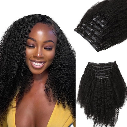 Picture of Lashey Seamless Clip in Hair Extensions Human Hair Afro Kinky Curly 7pcs 110g Hair Extension Clips for Black Women 14 Inch Natural Black