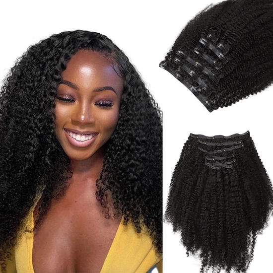 Picture of Lashey Seamless Clip in Hair Extensions Human Hair 110g 7pcs Afro Kinky Curly Clip in Hair Extensions 22 Inch Natural Black Color Hair Extension Clips