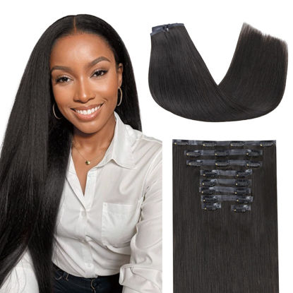 Picture of Lashey Seamless Clip in Hair Extensions Human Hair 9pcs 130g Yaki Straight Clip in Hair Extensions 14 Inch Natural Black Hair Extension with Invisi Edge