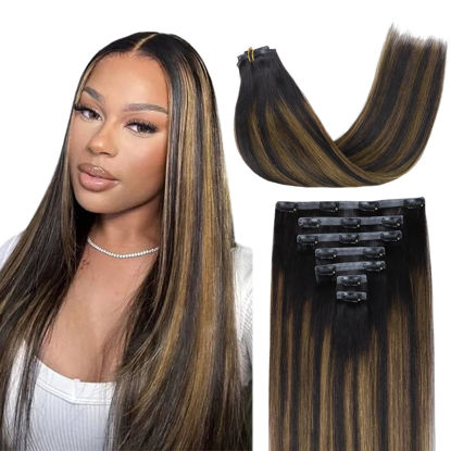 Picture of Lashey Seamless Clip in Hair Extensions Human Hair Light Yaki Clip in Hair Extensions Human Hair 14 Inch 110g 7pcs Natural Black Mixed Chestnut Brown Clip in Human Hair for Black Women