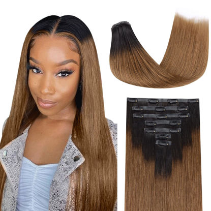 Picture of Lashey Yaki Straight Seamless Clip in Hair Extensions Human Hair 110g 7pcs Ombre Natural Black to Medium Auburn Hair Extensions Real Human Hair 24 Inch Long Human Hair Extensions for Women
