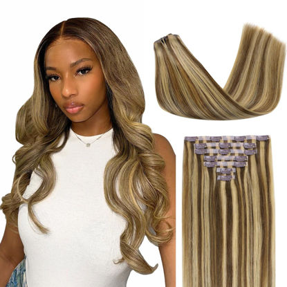 Picture of Lashey Seamless Clip in Hair Extensions 22 Inch Balayage Ash Brown to Honey Blonde Long Straight Hair Extensions 110g 7pcs PU Clip in Real Human Hair for Black Women