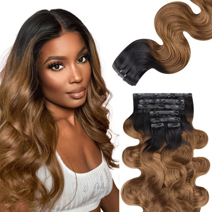 Picture of Lashey Seamless Hair Extensions Real Human Hair 110g 7pcs Body Wave Clip in Hair Extensions with PU Soft Invisi Edge 16 Inch Ombre Natural Black to Medium Auburn Clip in Hair Extensions Human Hair