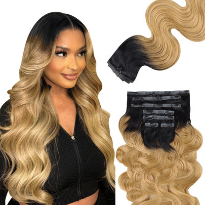Picture of Lashey Seamless Clip in Hair Extensions Human Hair 110g 7pcs Ombre Natural Black to Honey Blonde Clip in Hair Extensions with PU Invisi Edge 20 Inch Body Wave Hair Extensions Real Human Hair