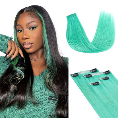Picture of Lashey Seamless Clip in Hair Extensions Human Hair 4pcs 48g Green Clip in Hair Extensions 20 Inch Straight 100% Remy Human Hair Extensions for Black Women