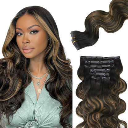 Picture of Lashey Seamless Clip in Hair Extensions Natural Black Mixed Chestnut Brown 110g 7pcs Body Wave Clip in Hair Extensions Human Hair 24 Inch Long Hair Extensions Clip ins 100% Remy Human Hair