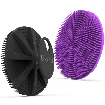 Picture of Silicone Body Scrubber 2 Pack Shower Bath Brush, More Hygienic Than Traditional Loofah, Lather Nicely, Long Lasting, Gentle Exfoliating for Women Men Baby Sensitive Skin, Black+Purple