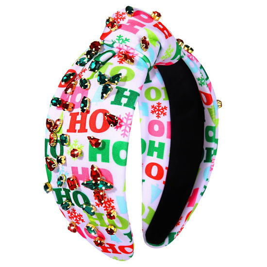 Picture of CEALXHENY Christmas Headband for Women Holiday Christmas Accessories Beaded Xmas Bow Tree Snowflake HOHOHO Knotted Headband Red Green Crystal Pearl Top Knot Headband Festive Holiday Gifts (HOHOHO 3)