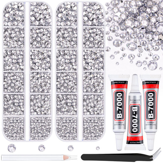 Picture of 12100Pcs Silver Clear Rhinestones for Crafting with B7000 Jewelry Glue, 2 Boxes Resin Flatback Crystals Diamonds for Bedazzling Crafts DIY Clothing Shoes，Gems for Nail Art Makeup