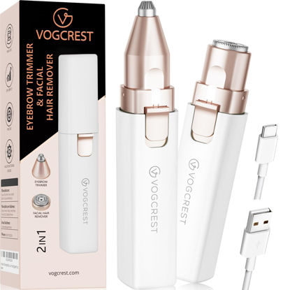 Picture of VOGCREST Hair Trimmer, 2 in 1 Facial Hair Remover & Eyebrow Trimmer for Women - Rechargeable, Portable, LED Light (White)