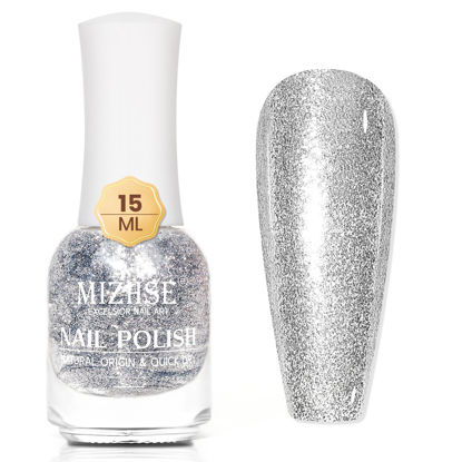 Picture of MIZHSE Quick Dry Glitter Nail Polish, Silver Nail Polish Air Dry Fast, 15ml High Glossy Sparkle Shiny Nail Pigment Chrome Nail Polish Nail Art Salon Manicure Home