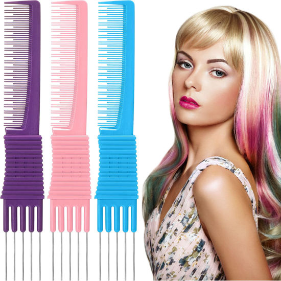 Picture of Leinuosen 3 Pack Carbon Lift Teasing Combs with Metal Prong, Hair Pick Comb for Women Hair Styling(Blue, Pink, Purple)