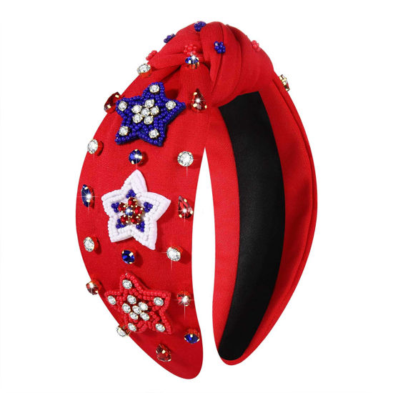 Picture of mokkia 4th of July Headband for Women American Flag Star Knotted Headbands Red White and Blue Rhinestone Crystal Top Knot Headbands Patriotic 4th of July Accessories Party Favors (American Star 6)