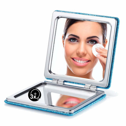 Picture of OMIRO Compact Mirror, Glitter PU 1X/3X Magnification, Ultra Portable for Purses (Blue)