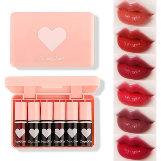 Picture of 6 Colors Lip Tint Stain Set，Korean Lip Gloss Lip Tint Stain Plumping Mini Liquid Lipstick，Multi-use Lip and Cheek Tint，Long lasting Non-Stick Cup Waterproof，High Pigment, Vivid Color, Lip Color Makeup