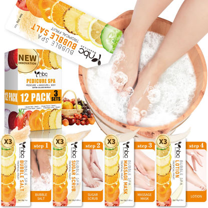 Picture of nbc BeautiLab Pedicure Kit Foot Soak Set: Bubble Salt, Sugar Scrub, Massage Mask, Massage Lotion in a Box, 4 Step Foot Spa Kit for Dry Feet,Tired Feet（3 Set Tropical Fruit)