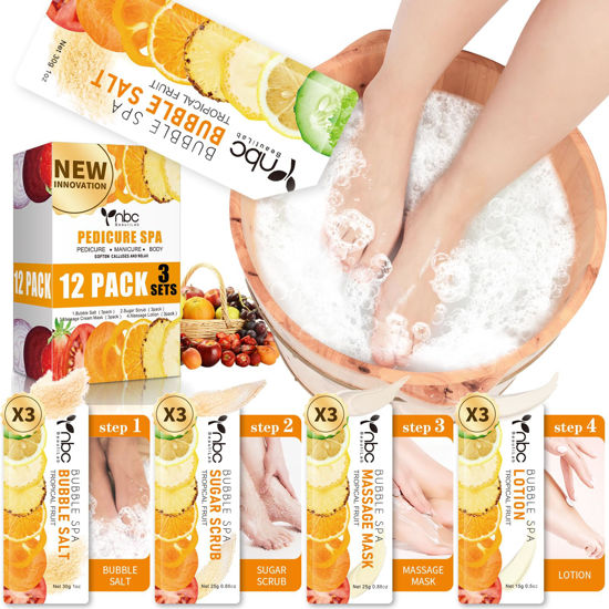 Picture of nbc BeautiLab Pedicure Kit Foot Soak Set: Bubble Salt, Sugar Scrub, Massage Mask, Massage Lotion in a Box, 4 Step Foot Spa Kit for Dry Feet,Tired Feet（3 Set Tropical Fruit)