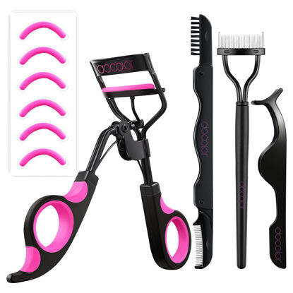 Picture of Docolor Eyelash Curler Kit, 4 in 1 Lash Curler Kit, eyelash comb eyelash extension tweezers eyebrow brush and comb with 6 Extra Replacement Refill Pads Eyelash Applicator Makeup Tool
