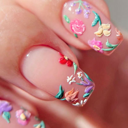 Picture of Flower Press on Nails Medium Cute Colorful 3D Flowers Fake Nails Square Acrylic Nails Press ons Colorful Floral Full Cover Glossy Spring and Summer Stick Glue on Nails for Women Girls 24 Pcs