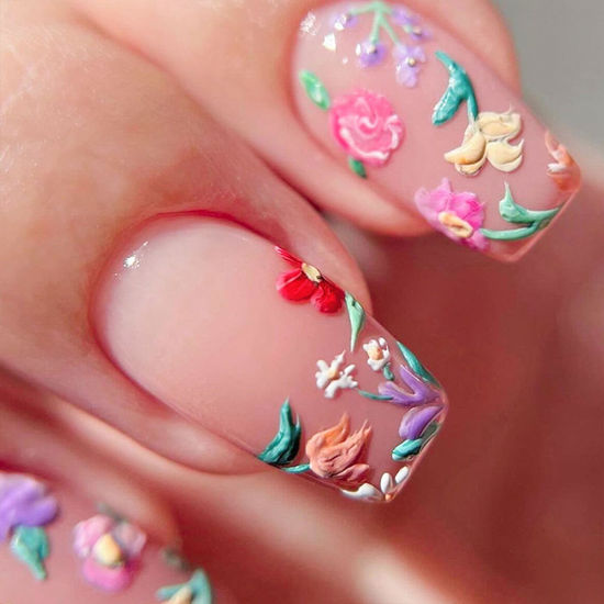 Picture of Flower Press on Nails Medium Cute Colorful 3D Flowers Fake Nails Square Acrylic Nails Press ons Colorful Floral Full Cover Glossy Spring and Summer Stick Glue on Nails for Women Girls 24 Pcs