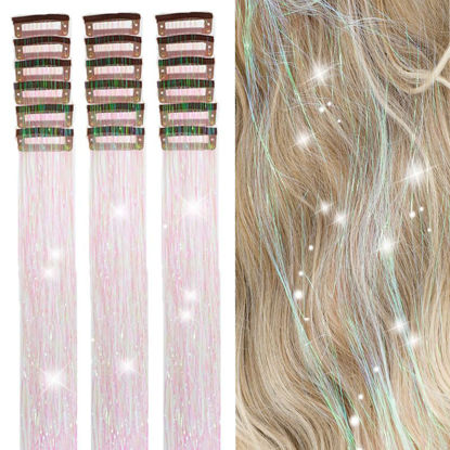 Picture of ZYXQZYX Hair Tinsel Kit Pack of 18 Pcs Hair Tinsel Clip in 19.6Inch Glitter Tinsel Hair Extensions Heat Resistant Clip in Hair Tinsel Sparkle Fairy Hair Accessories for Kids Girls Women (White Pink)