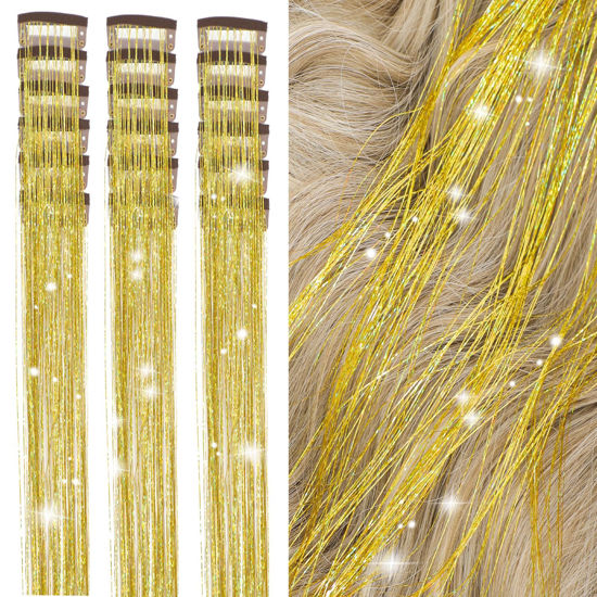 Picture of ZYXQZYX 18 Pcs Hair Tinsel clip in Tinsel hair extensions 19.6Inch Clip in Hair tinsel Kit Heat Resistant Sparkle Fairy Hair Accessories for Kids Girls Women (Gold)