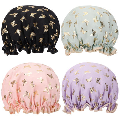 Picture of 4 Pcs Shower Caps Hat for Women and Girl, Reusable Waterproof Bath Cap Double Waterproof Layers Butterfly