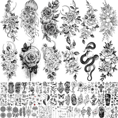 Picture of Bilizar 64 Sheets Long Lasting Flower Temporary Fake Tattoos For Women Arm Neck, Jellyfish Sunflower Moon Rose For Adults Girl, 3D Temp Realistic Snake Tatoo Stickers Serpent Peony Floral Kids