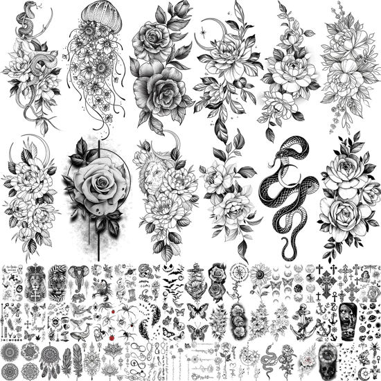 Picture of Bilizar 64 Sheets Long Lasting Flower Temporary Fake Tattoos For Women Arm Neck, Jellyfish Sunflower Moon Rose For Adults Girl, 3D Temp Realistic Snake Tatoo Stickers Serpent Peony Floral Kids