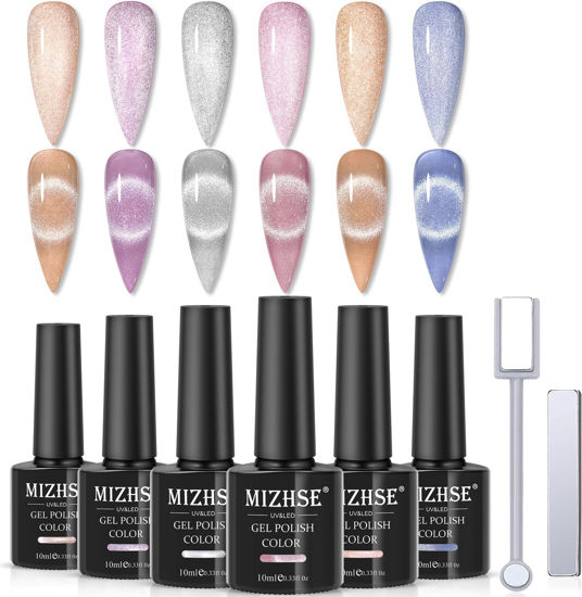 Picture of MIZHSE 10ml*6 Colors Cat Eye Gel Nail Polish, Crystal Magnetic Gel Polish Glitter Pink Gold Sparkle Gel Polish Set with Universal Sliver Cat Eye Gel, 2 Magnet Sticks, Summer Nail Art, Lady Gift Set
