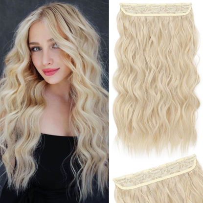 Picture of REECHO Blonde Hair Extensions, 20” Single Piece Clip in Hair Extensions Thick Long Beach Wavy Natural Soft Synthetic Hairpieces for Women, Cool Light Blonde