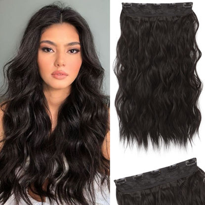 Picture of REECHO Clip in Hair Extensions, 20” One Piece Hair Extension Clip in Wefts Long Thick Beach Wavy Natural Soft Synthetic Hairpieces for Women, Black Brown